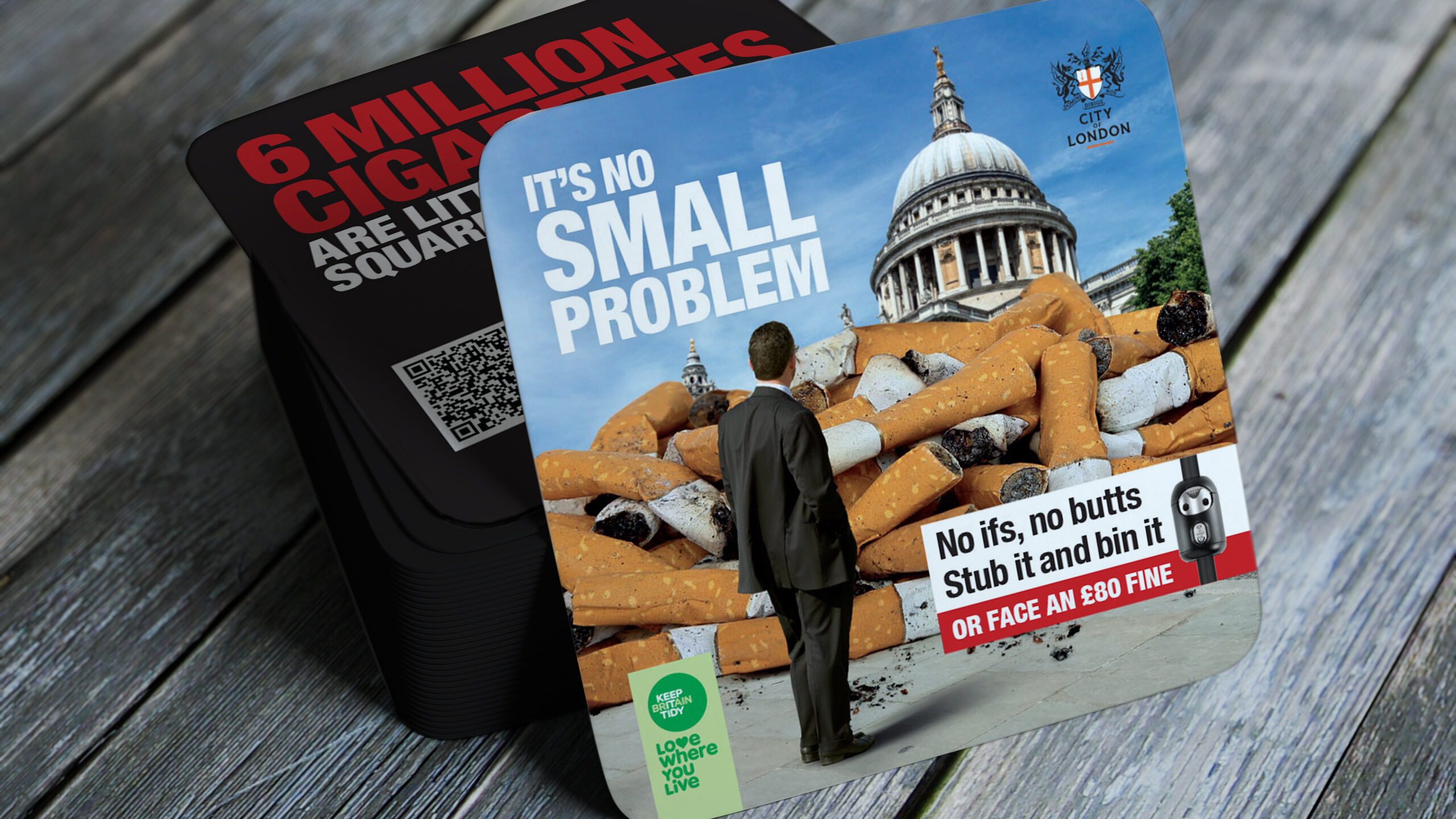 Image of beer matts printed with the "No ifs, no butts, Stub it and bin it", campaign