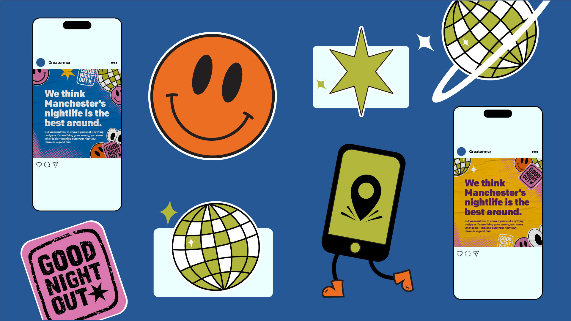 Good night out guide illustrations on blue background