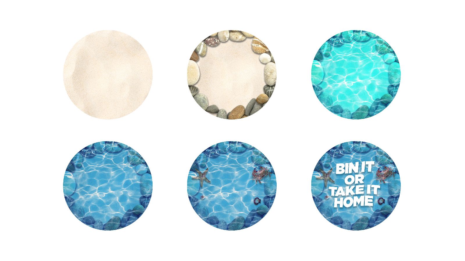 A set of marine scenes with the words in circular floor signs.