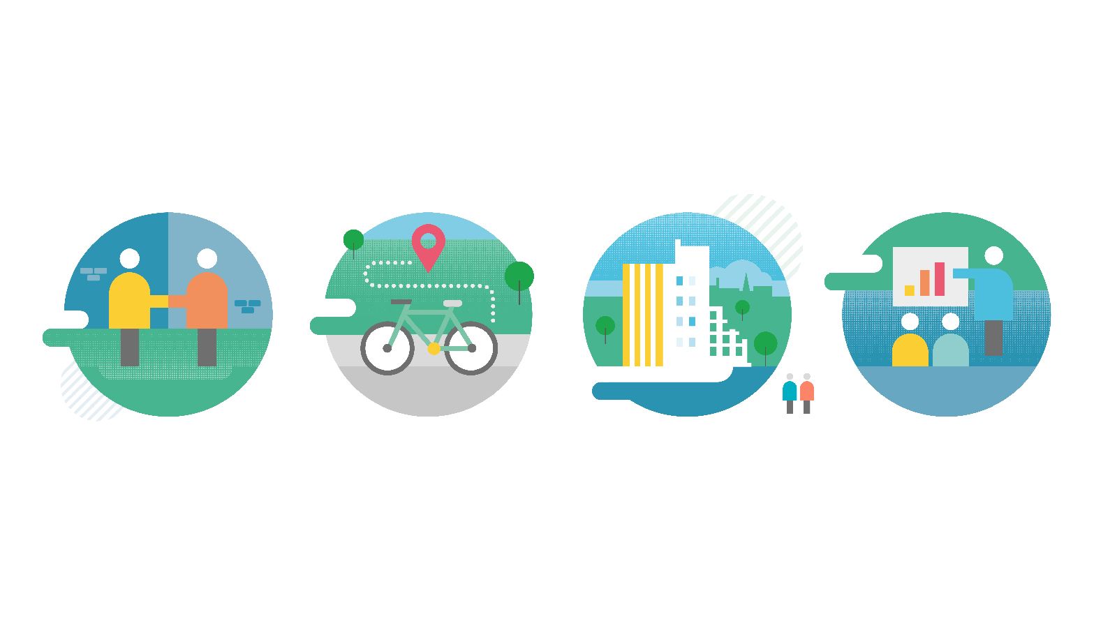 Little round graphics of people and cities.