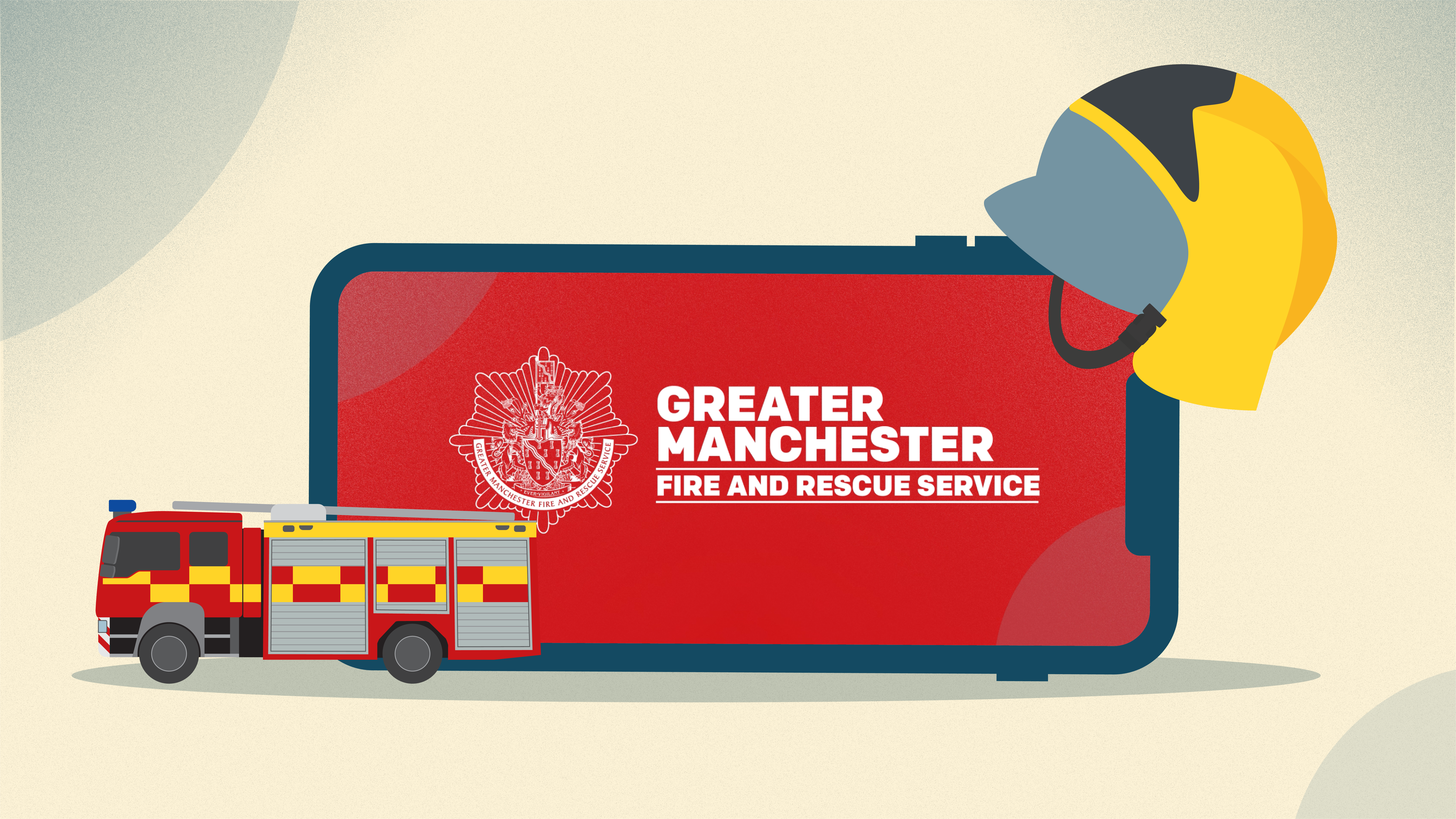 Illustration of a mobile phone, fire truck and fire helmet.