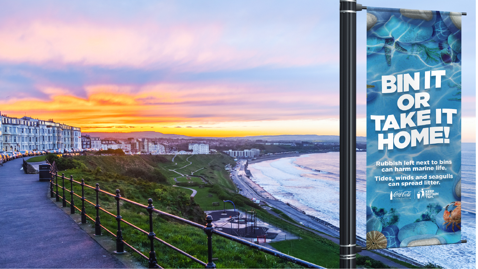 Marine littering flag banner on a beach front