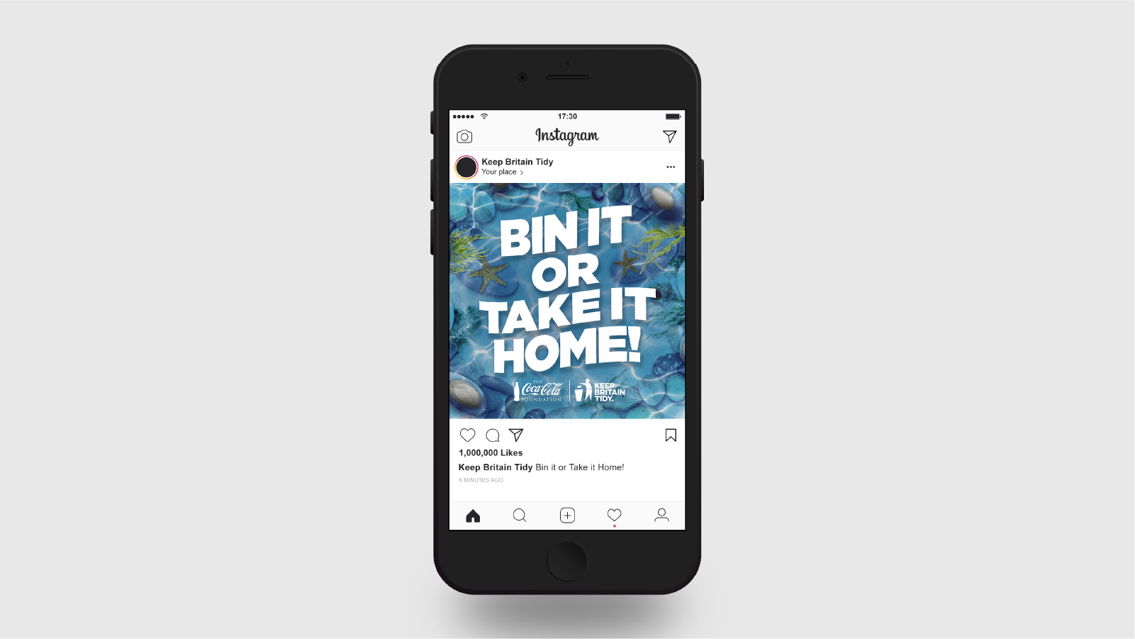 Instagram post on mobile phone for marine littering campaign