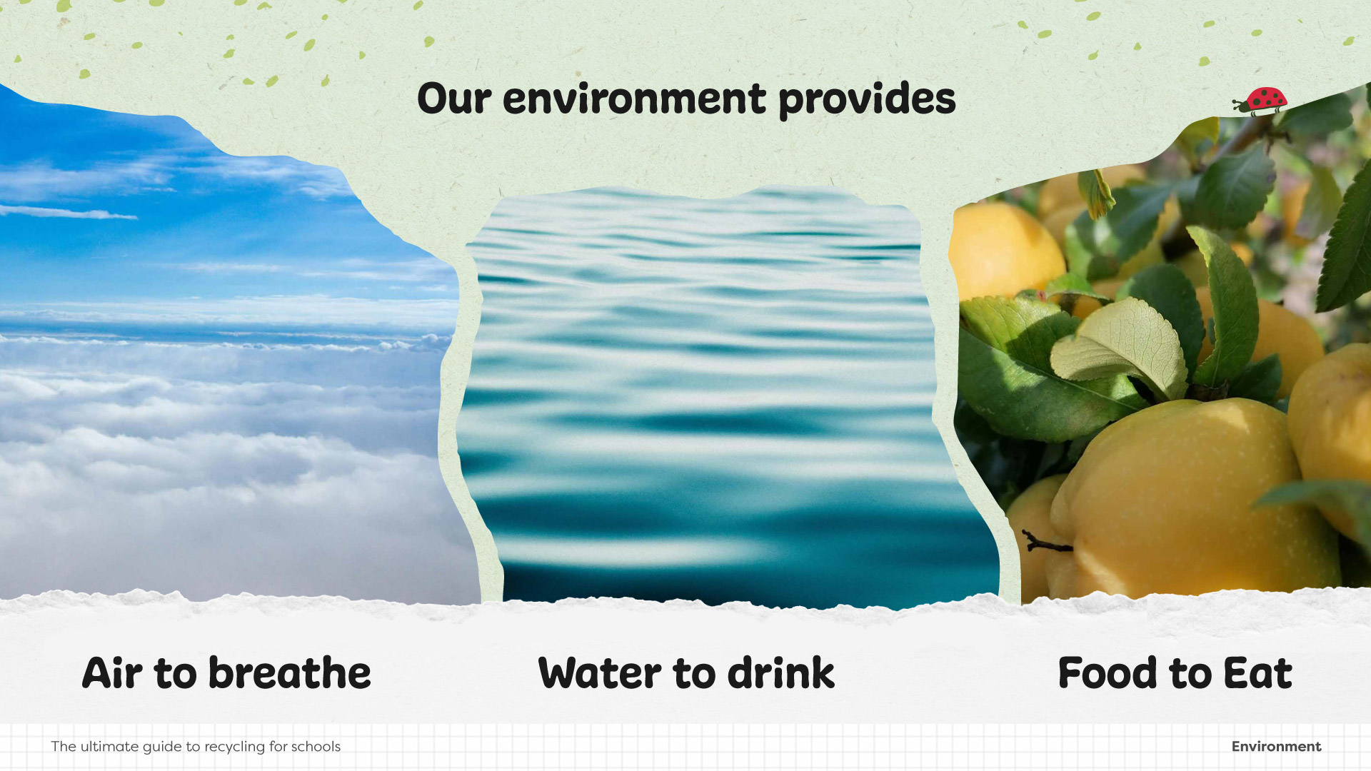 our environment provides, slide from teachers pack presentation for children about recycling.