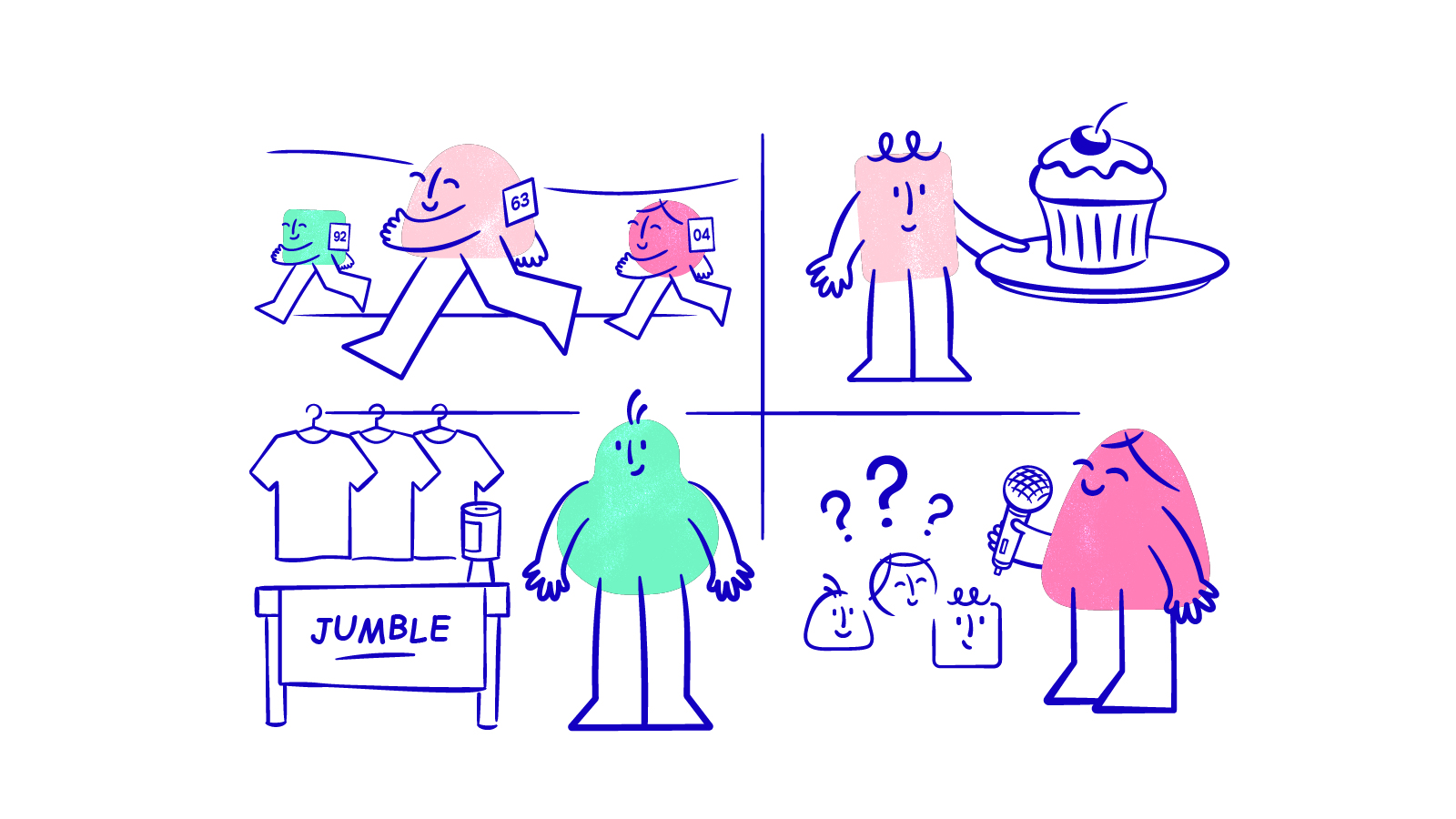 Local Mind animation, mock up of characters from various scenes