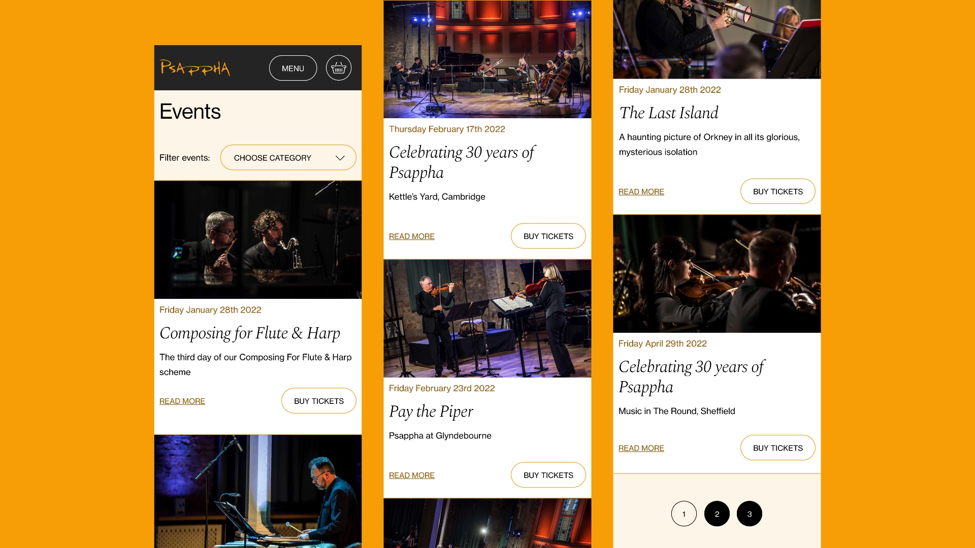 Mobile page designs of the website.
