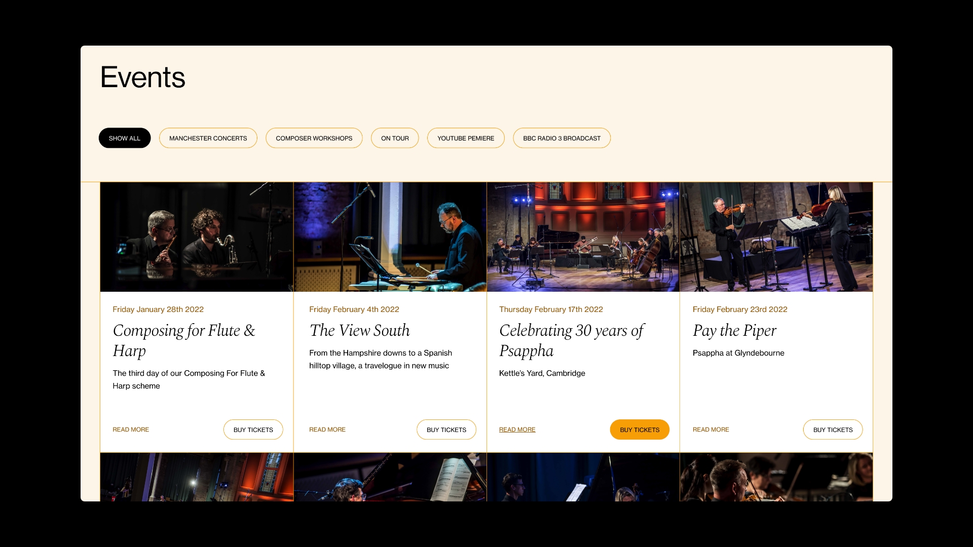 The events section design of the website.
